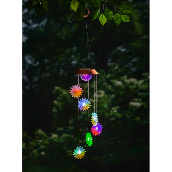 Evergreen Color Changing Solar Mobile with Spinning Light Refractor, Florals- 7x29x7 in