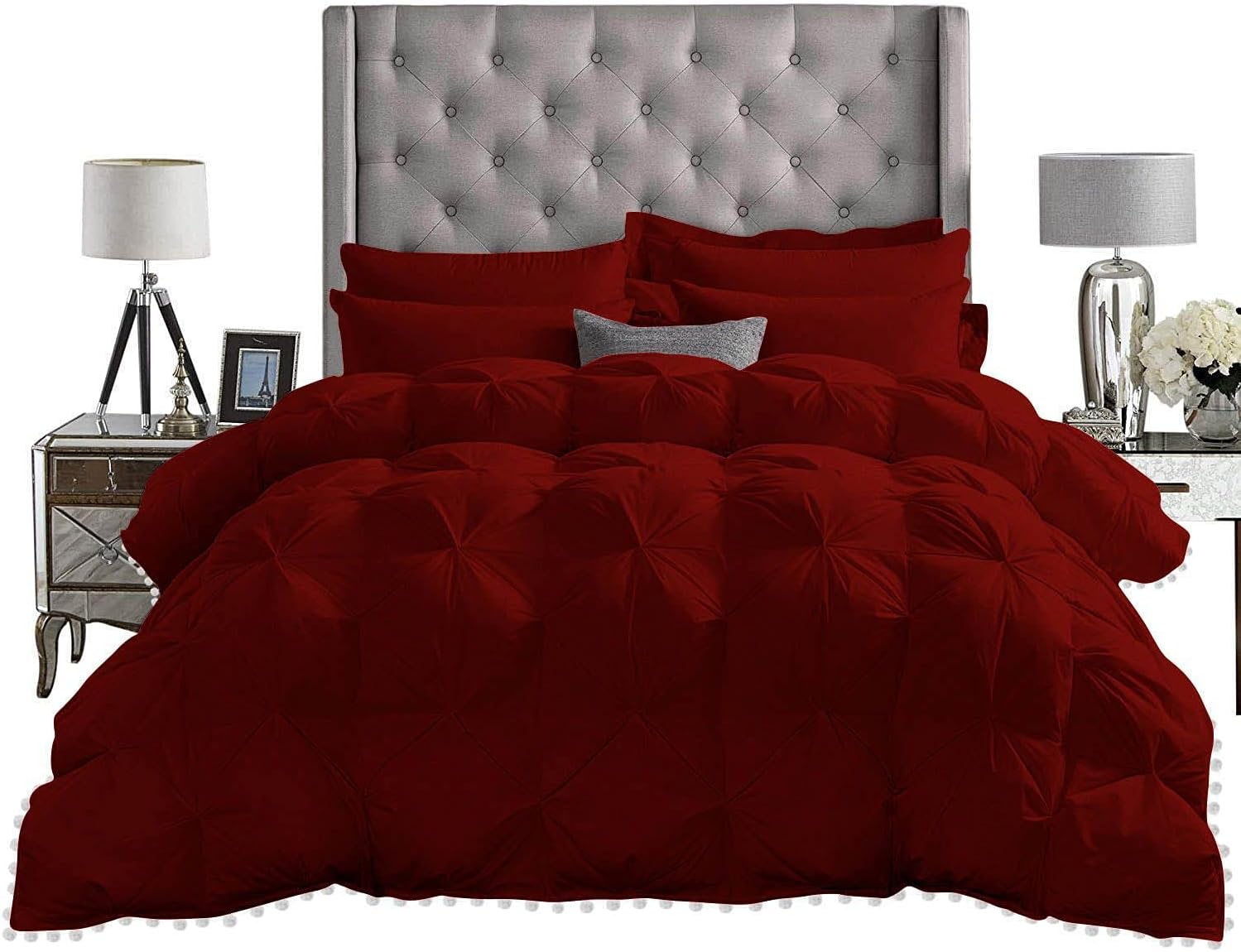 D.N.G. BEDDINGS Luxurious 3 Piece Pom Pom Pinch Pleated Comforter Set, 800 Thread Count, 100% Egyptian Cotton, White Vintage Pom-Pom Fringe (Oversized Super King Size Solid Burgundy Color)