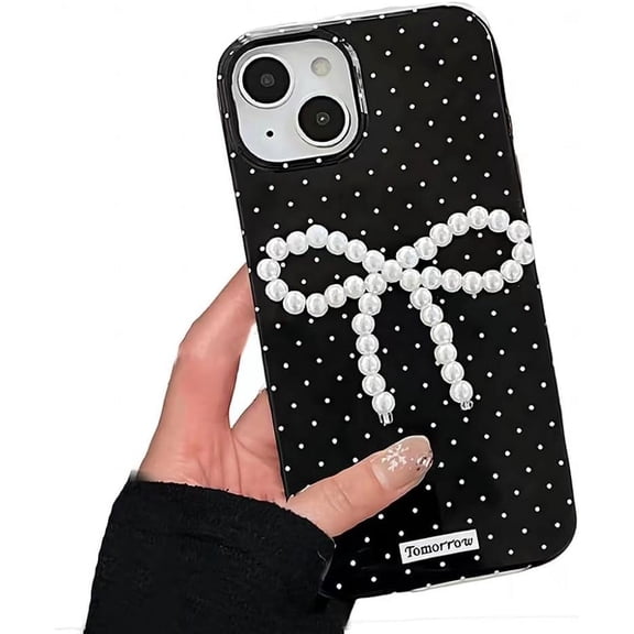 for iPhone Case,Cute Dot Pattern with 3D Pearl Bow Camera Lens Protection Soft Shockproof Phone Case (Black,iPhone 15)