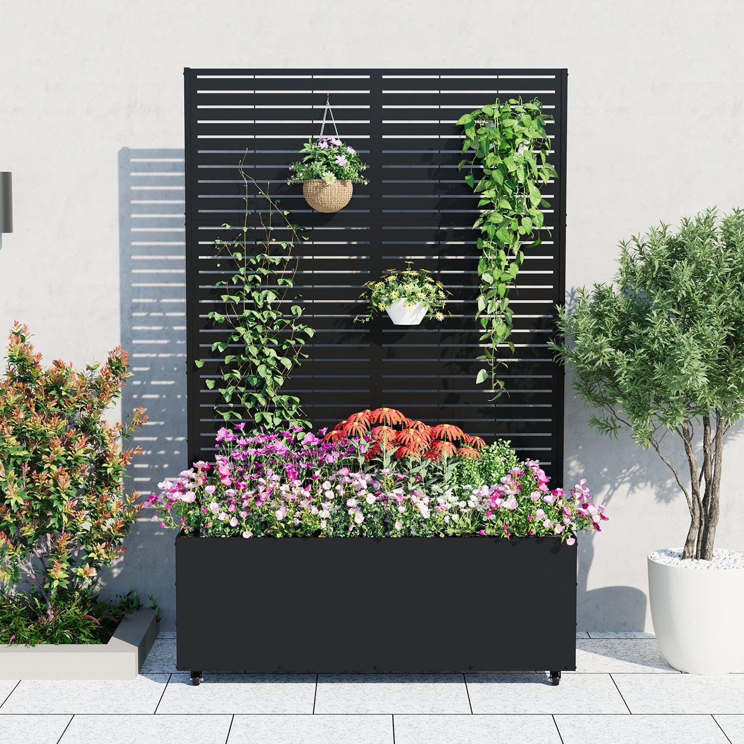 Ataucjin 16" Deep Planting Bed with Drainage Holes,Metal Planter Box with Trellis, Raised Garden Bed with Wheels, Deep Privacy Screen for Climbing Plants,47"X16"X71"