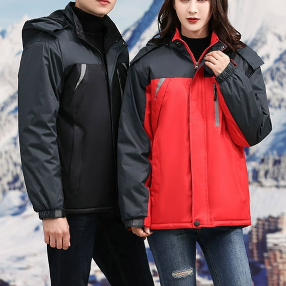Timoontee Men's and Women's Cold Winter Coat Outdoor Travel Hiking Mountain Windbreaker Casual Comfy Hooded Jacket Color Block Full Zip Jacket Coat Black XXL