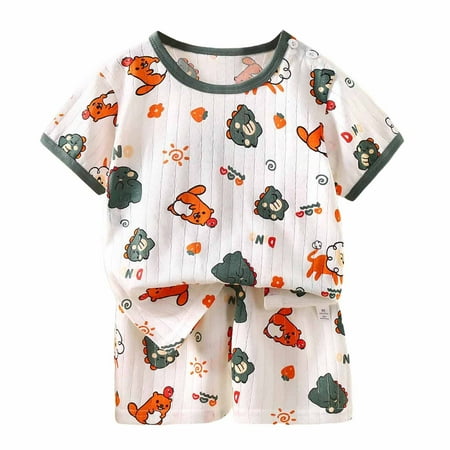 Landzoo Boys Outfit Set Cartoon Dinosaur Print Short Sleeve Crew Neck T Shirt With Graphic Print Shorts Set Summer Home Cozy Soft Toddler Kids Boys Outfit Size 3-4 Years Dark Green