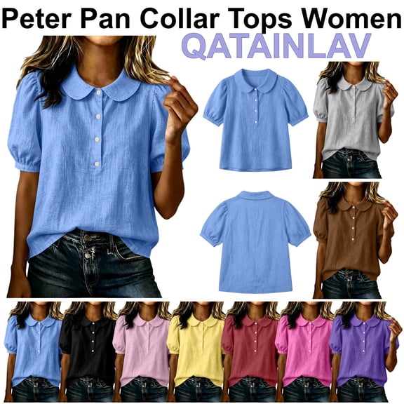 QATAINLAV Women's Peter Pan Collar Shirts Linen Cotton Puff Short Sleeve Blouses Dressy Casual Button Down Summer Tops Blue L