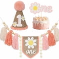 thumbnail image 3 of Boho Pink Daisy Handmade Burlap Birthday High Chair Banner Wild One Cake Topper Birthday Cone Hat Happy Birthday Party Decorations for Baby Girls, 3 of 7