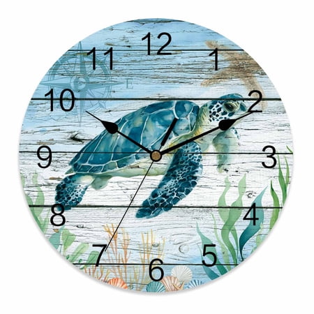 Silent Wall Clocks Battery Operated, Blue Coastal Nautical Ocean Round Decorative Wall Clock for Living Room Bedroom Kitchen Bathroom Classroom Decor, 12 Inch Sea Turtle on Wood Texture
