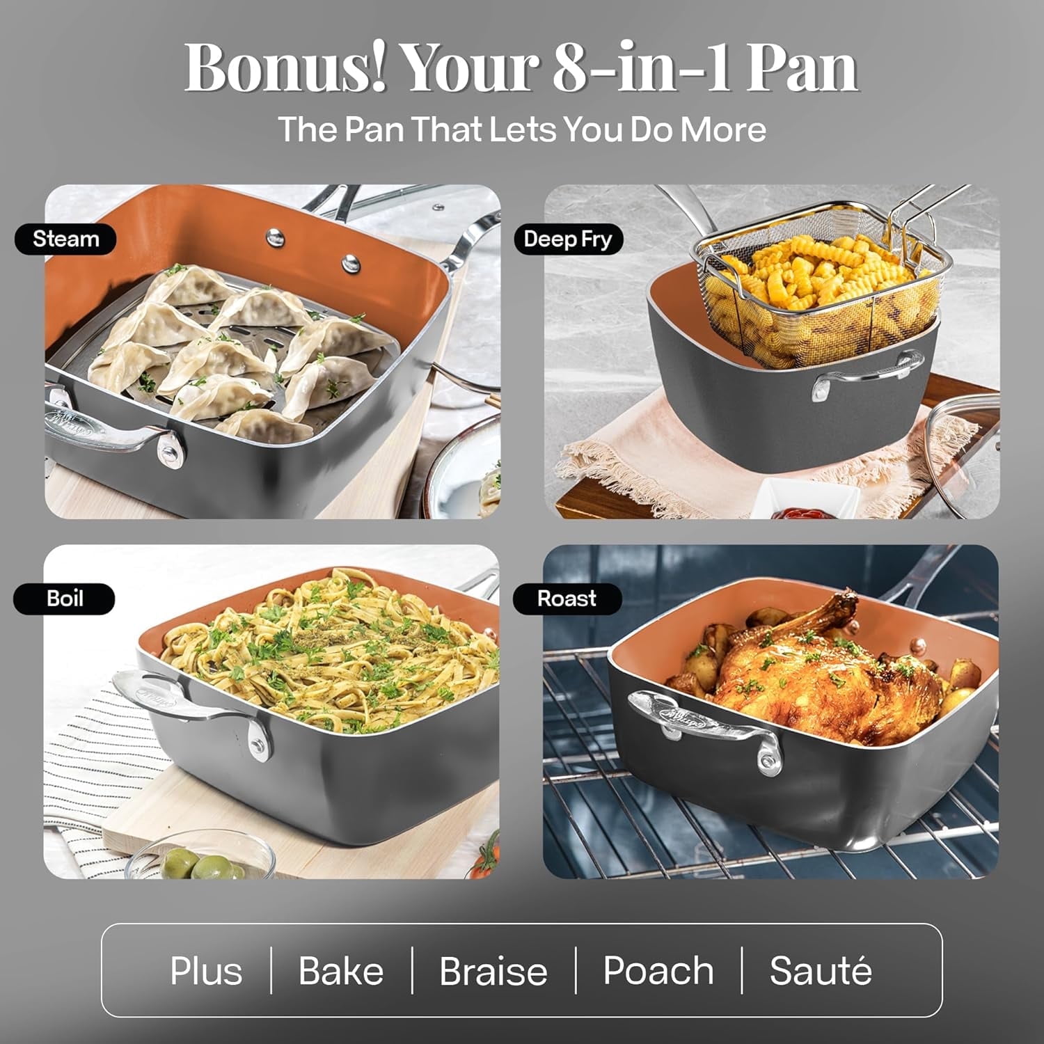 Gotham Steel True 20 Pc Pots and Pans Set Non Stick, Ceramic Cookware Set Nonstick With Square Deep Frying Pan Set, Pot and Pan Set with Bakeware Set, Oven & Dishwasher Safe, No Cheater Pieces