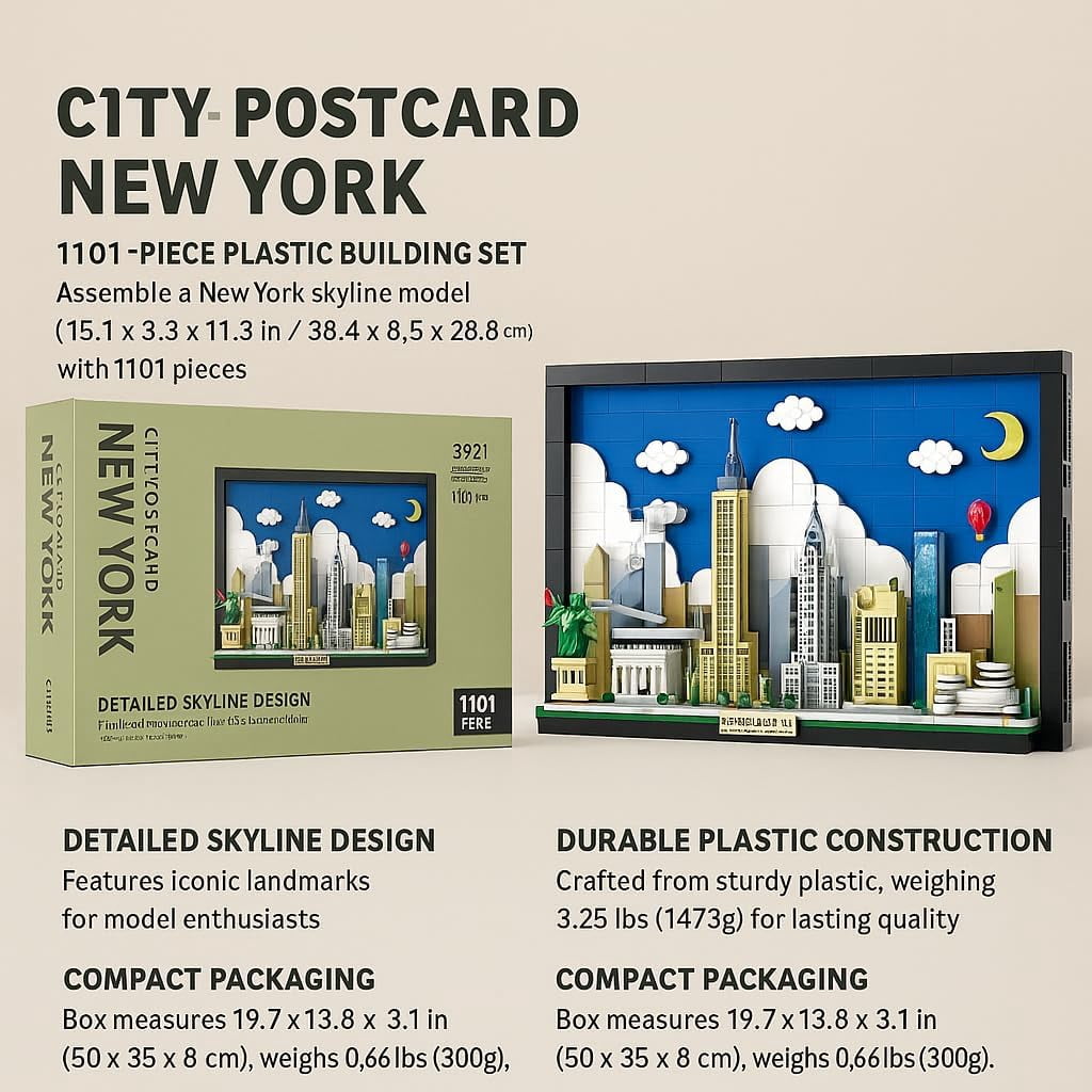 New York City Skyline Building Block Set – 1101 Pieces City Postcard Model Kit, 15.1 x 3.3 x 11.3 in, for Adults ,NYC Landmark-Inspired Display for Home or Office
