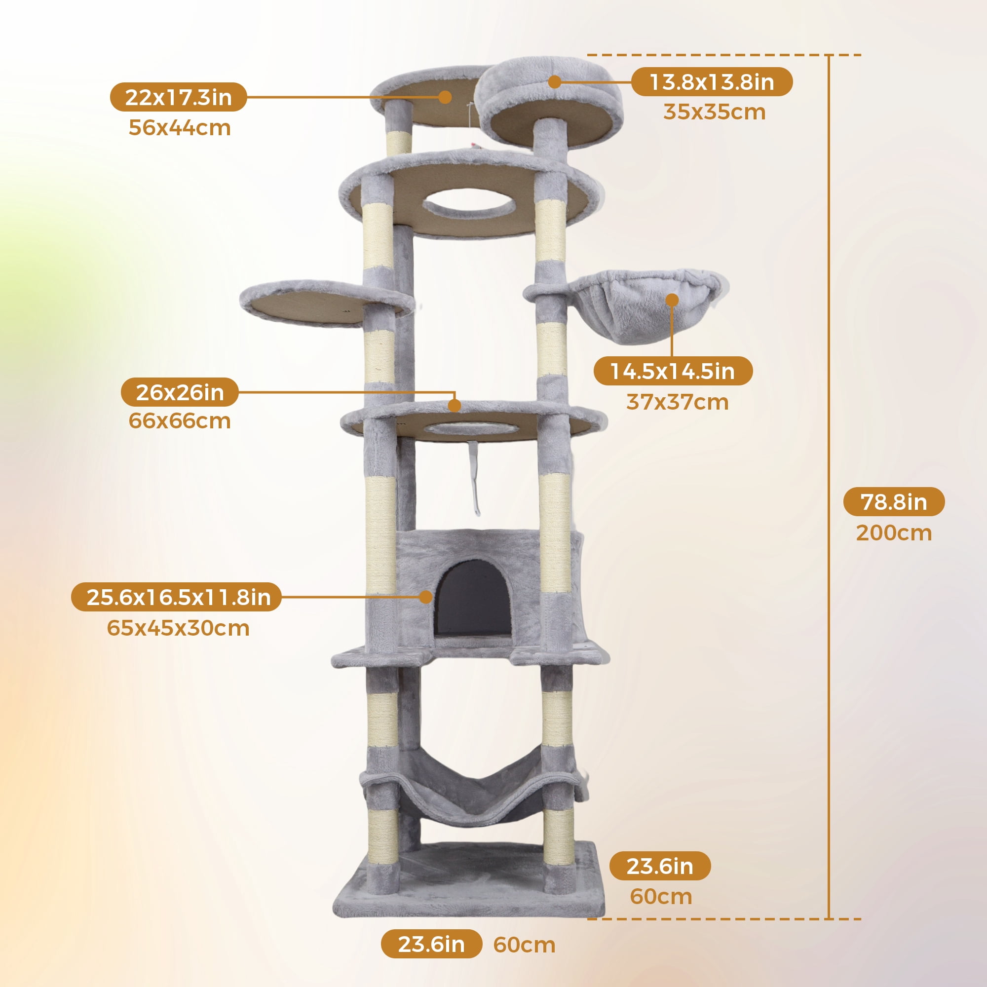 78.8-Inch Light Gray Cat Tree with 12 Scratching Posts, Large Condo, Big Hammock, and Interactive Toys for 3-4 Cats, Light Gray