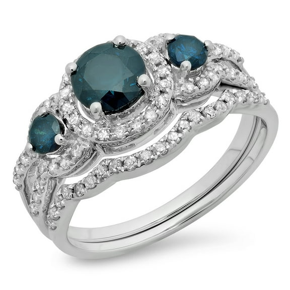 Dazzlingrock Collection 1.40 Carat (ctw) 14K Blue & White Diamond 3 Stone Halo Bridal Engagement Ring Set, White Gold, Size 5.5