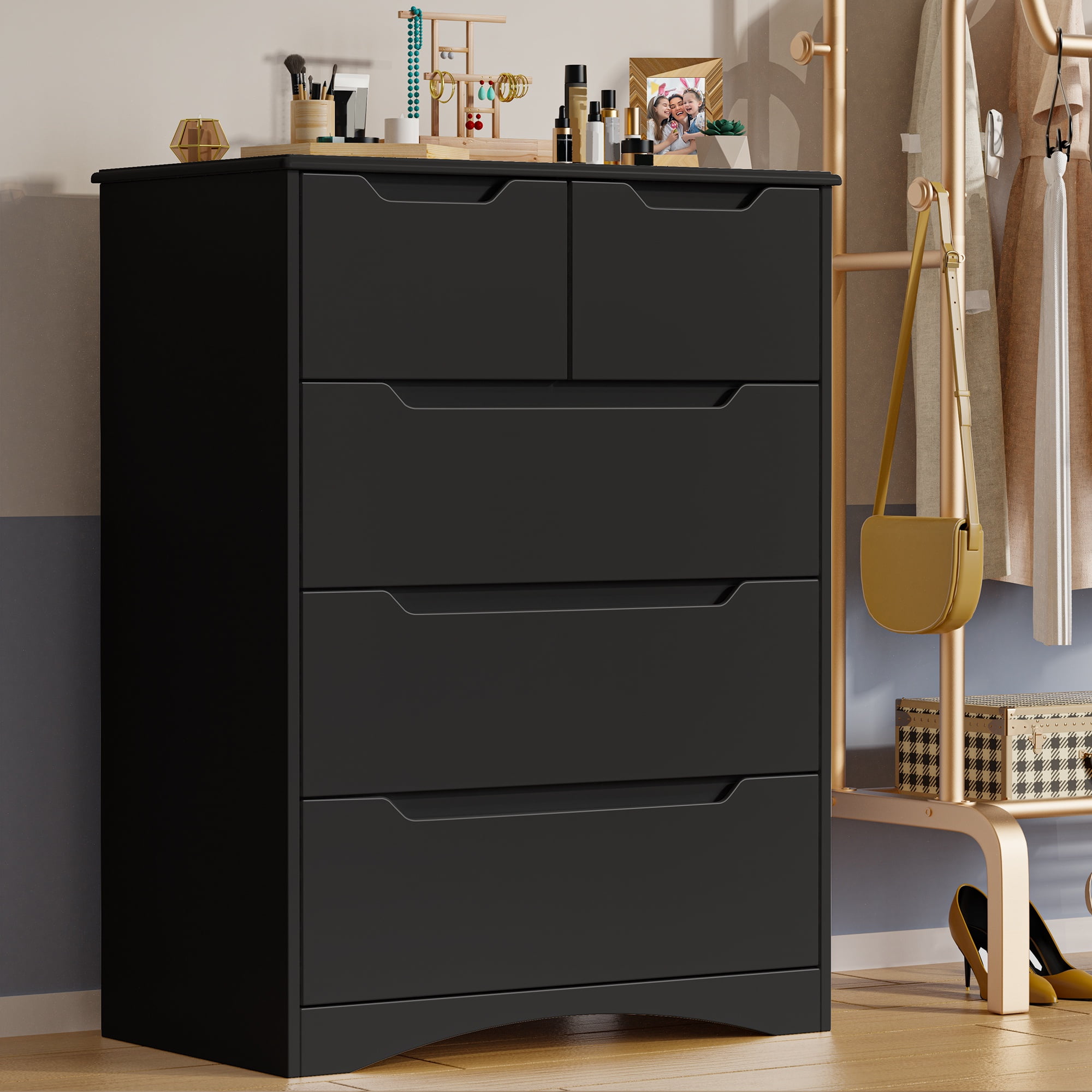 Dresser for Bedroom, Lofka Modern Wood Chest of Drawers with Cutout Handles, Deep Drawers, Smooth Metal Rail, Black