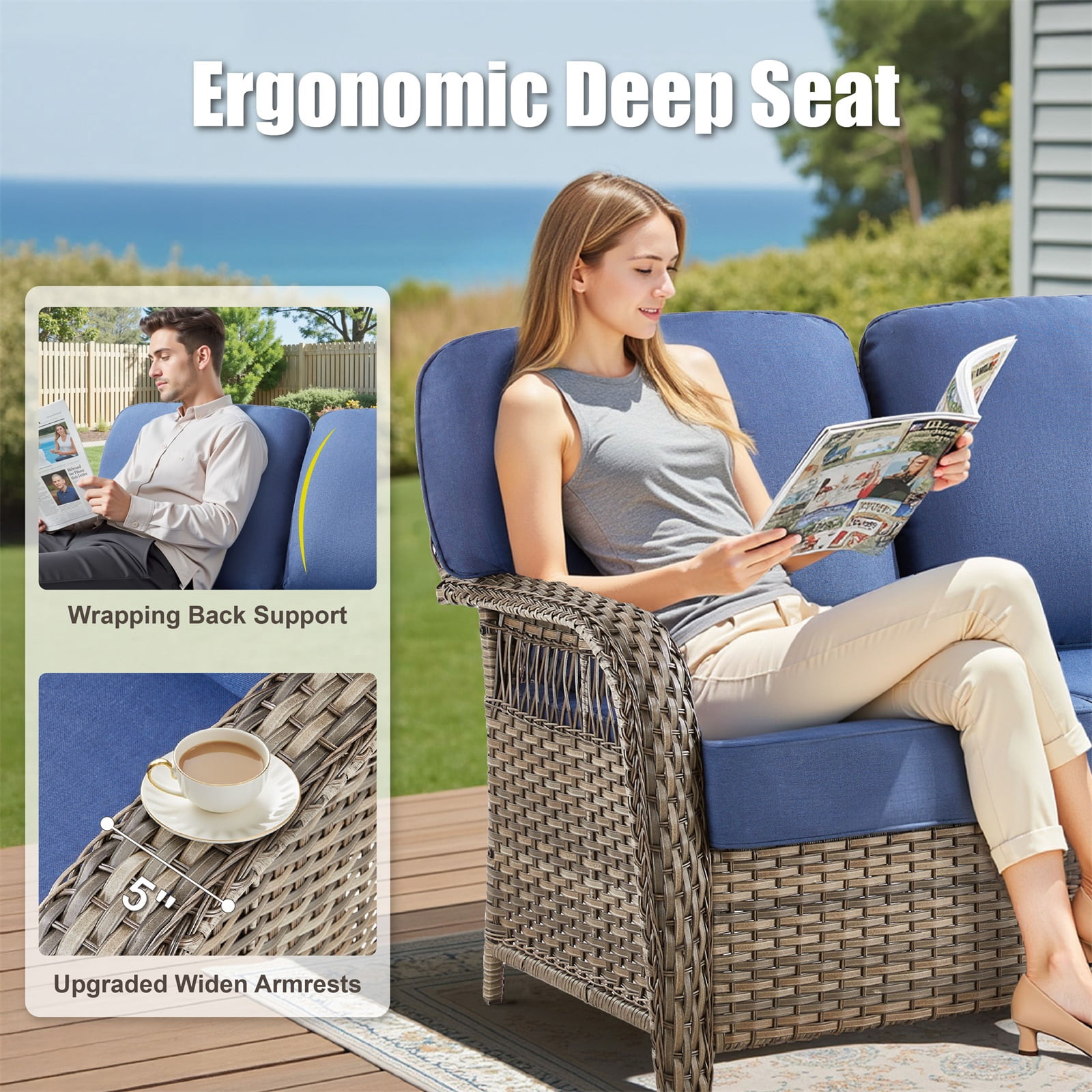Hommoo 75.2" Outdoor Gray Wicker Patio Sofa with Cushions, Outdoor 2 Seat Patio Furniture Sofa Couch, for Porch or Backyard, Blue