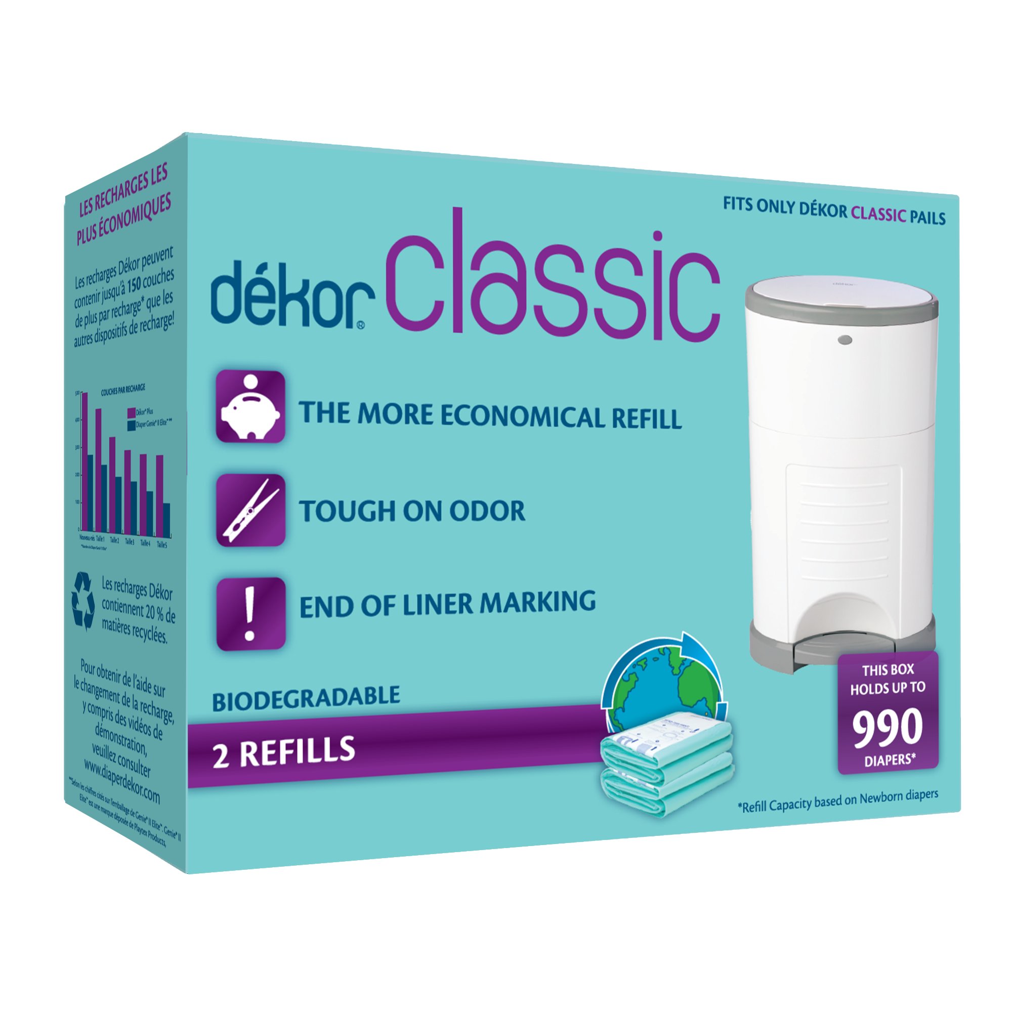 Dekor Classic HandsFree Diaper Pail Biodegradable Refills, 2 Refills