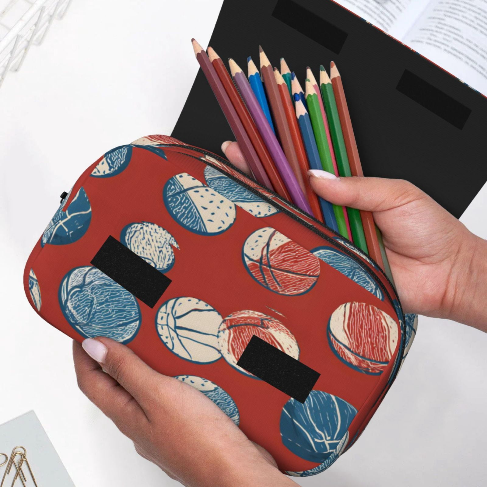 Large-Capacity Flip-Top Double-Layer Pencil Case, Multi-Functional Pocket Pen Case, Durable Stationery Organizer Basketball Theme Seamless Pattern