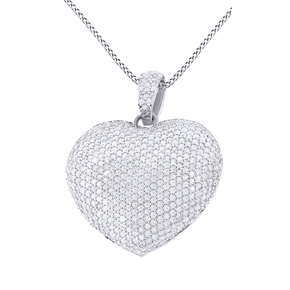 Jewel Zone US 2 Ct Natural Diamond Pave Set Heart Pendant Necklace In 14K Solid White Gold