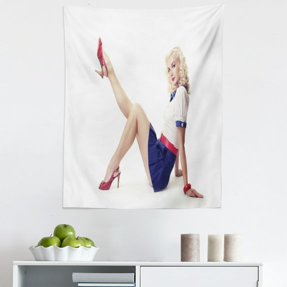 Pin up Girl Tapestry, Lady in Navy Style Short Skirt Shirt Belt and High Heel Print, Fabric Wall Hanging Decor for Bedroom Living Room Dorm, 5 Sizes, Multicolor, by Ambesonne