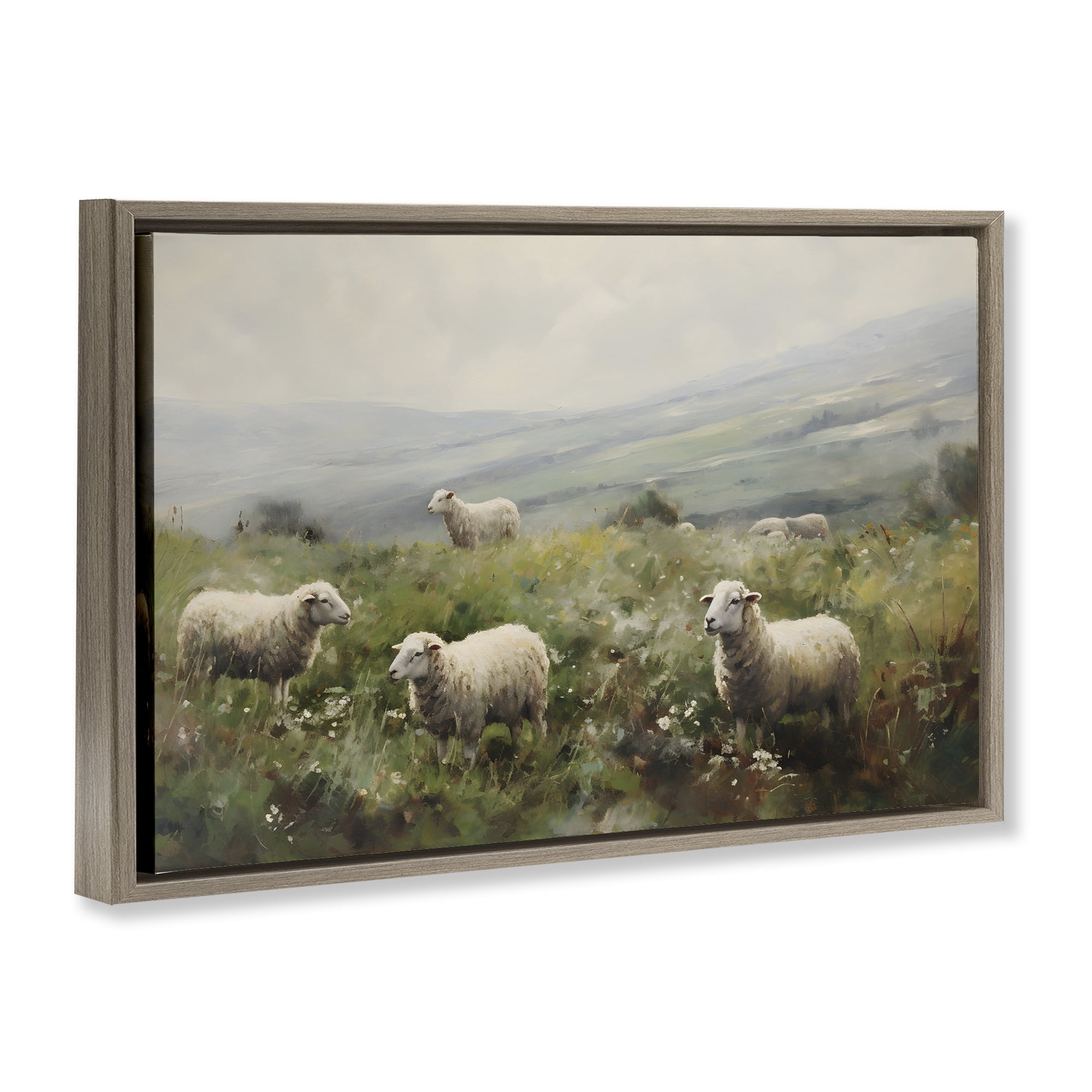 Stupell Industries Misty Sheep Pasture Landscape & Nature Painting Brown Floater Framed Canvas Art Print Wall Art, 31 x 21
