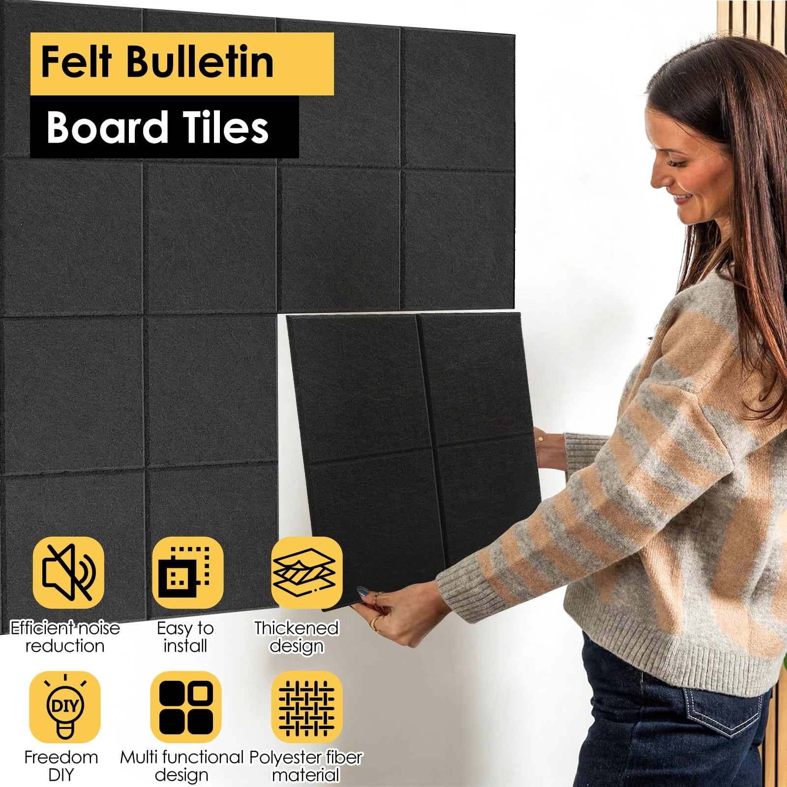 Threns Large Felt Bulletin Board,48" x 36" Cork Board Alternative-12 Pack with 60 Safe Removable Adhesive Tabs,Cork Boards for Walls Cork Board for Home Office Classroom Pin Board (Black)