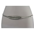 thumbnail image 2 of New Women Silver Metal Elastic Band Fancy Fashion Skinny Waistband Belt Big Long Leaf Charm Buckle Hip High Waist Size S M, 2 of 10