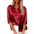 thumbnail image 2 of Women's Satin Button Down Shirt Blouse Top Long Sleeve Crewneck Loose Fit Solid Color Soft Silky Business Casual Work Office Vacation Outfits Fashion Essential Gift for Women, 2 of 8
