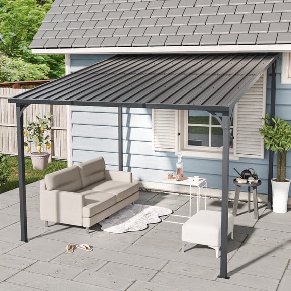 Wall-Mounted 10x10-Foot Outdoor Hardtop Pergola with Galvanized Steel Roof, Patio Gazebo for Yard and Garden, Black
