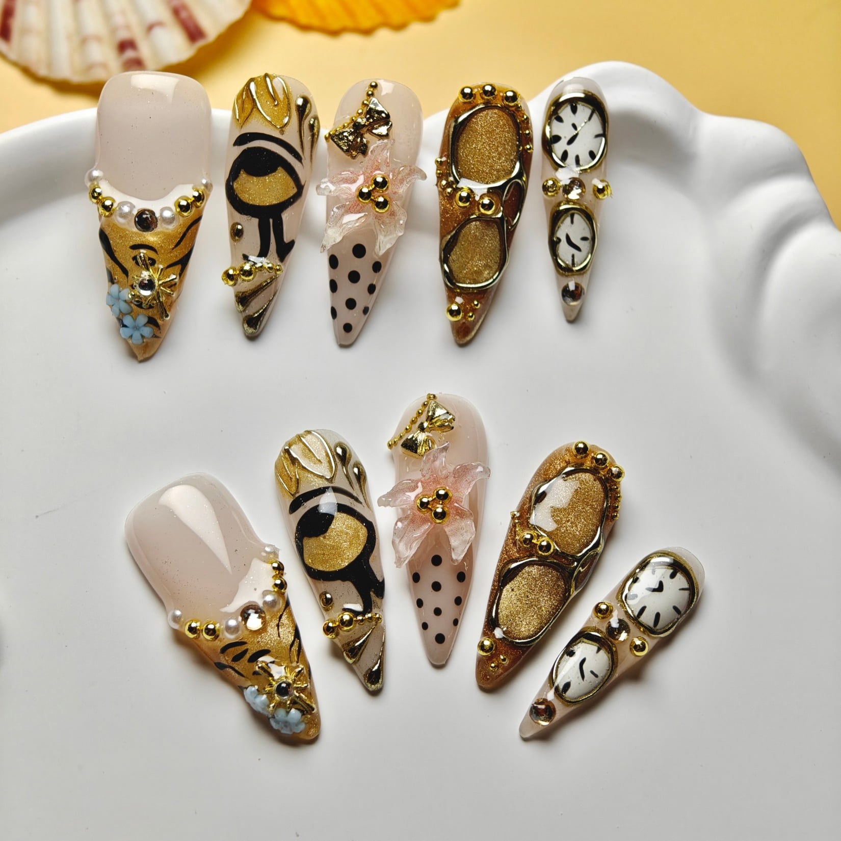 Handmade Press-on Nails with Gold Accents and 3D Artistic Design