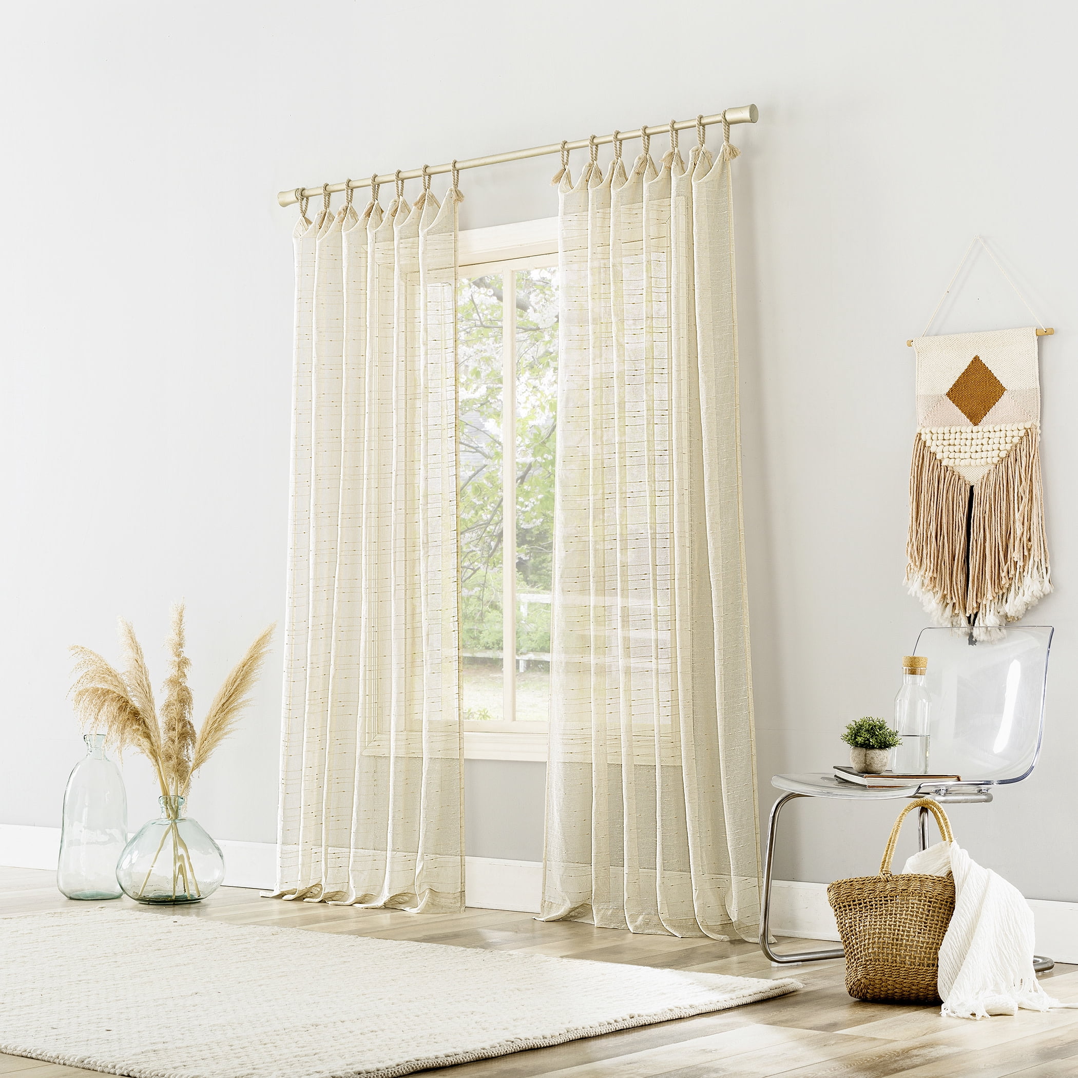 No. 918 Noemi Slub Stripe Rope Tab Semi-Sheer Curtain Panel, 1-Piece Tab Top Indoor Window Panel, 50”x84", Natural