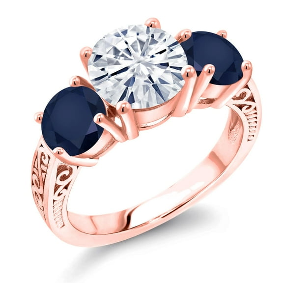 Gem Stone King 18K Rose Gold Plated Silver White Moissanite and Blue Sapphire Engagement Ring for Women | 4.10 Cttw | Round 8MM | Gemstone Birthstone | Size 6