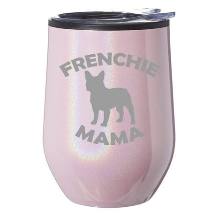 

Stemless Wine Tumbler Coffee Travel Mug Glass With Lid Gift Frenchie Mama French Bulldog (Pink Glitter)
