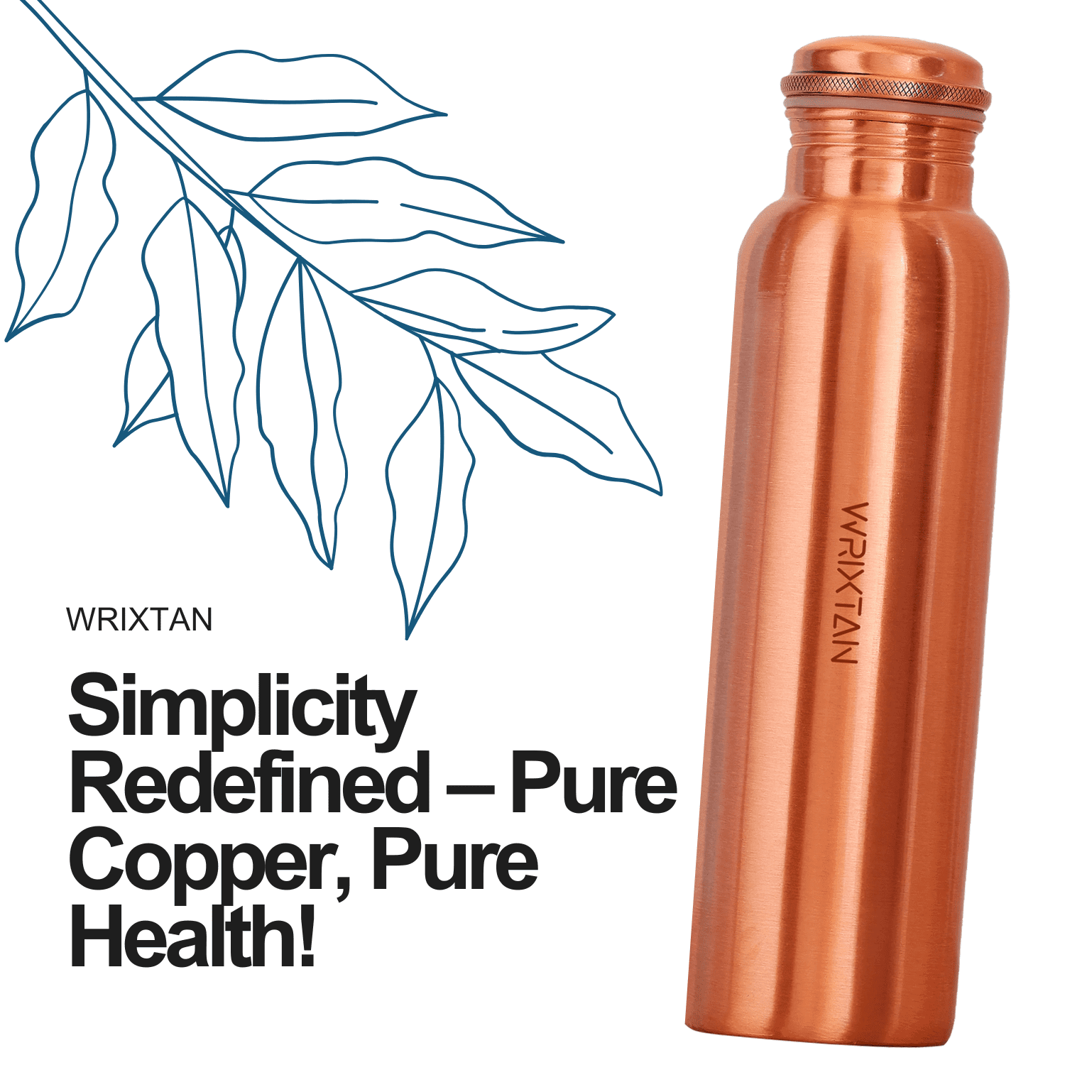Wrixtan Plain Classic Copper Water Bottle, 1000ml (1 Liter) – Pure Copper, Leak-Proof Lid, Smooth Finish, Reusable & Durable for Daily Hydration
