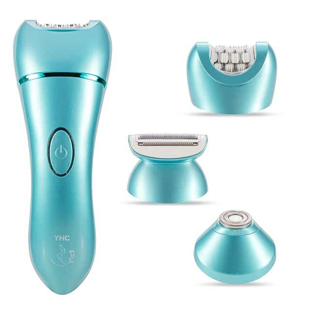depiladora yhc para mujer, depiladora facial y corporal 3 en 1, afeitadora eléctrica húmeda y seca para piernas, brazos y bikini, inalámbrica, impermeable, recargable por usb (azul) Vista frontal centrada de la depiladora YHC azul con botón de encendido y logo; alrededor aparecen tres cabezales intercambiables sobre fondo blanco: depilador de 36 pinzas, afeitador de lámina y recortador circular. Diseño impermeable para uso húmedo y seco; también suele usarse como recortadora de precisión en zonas pequeñas.
