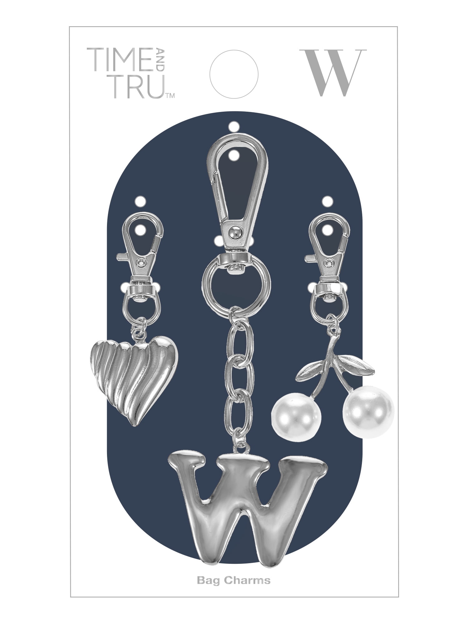 Time and Tru Silvertone Initial Letter Bag Charm Set, 3 Pieces, Letter W