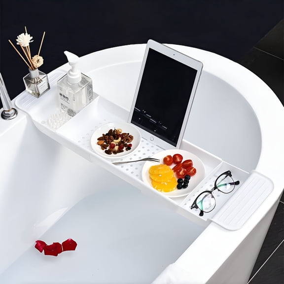 ACDANC Expandable Drain Bath Shelf Caddy Tray,Multifunctional Plastic Bathtub Tray Bathroom Organizer Simple Stylish Bathtub Storage Rack for Candle Towel,Book,Wine,Phone,Shower