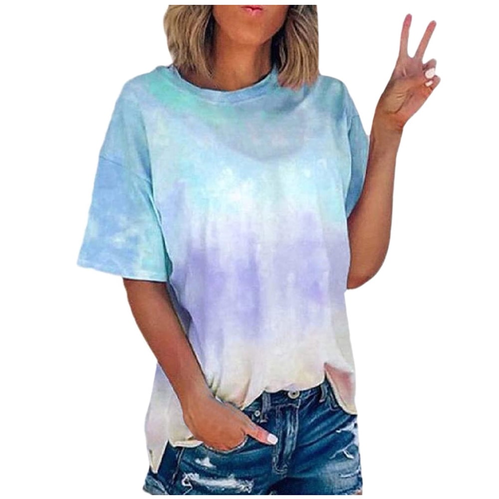 Summer Casual Crew Neck Sleeve Short Women's Tops T Shirt Tie Dye Tee ...