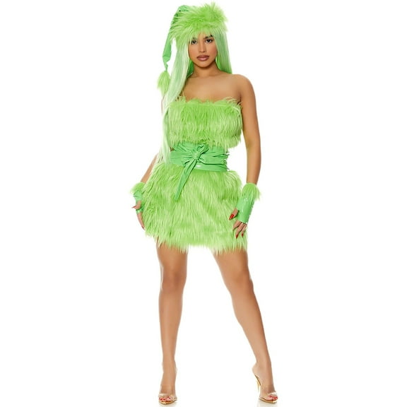 FEIFLY Women Green Furry Dresses For Halloween & Christmas Dress Up Solid Color Festival Clothing