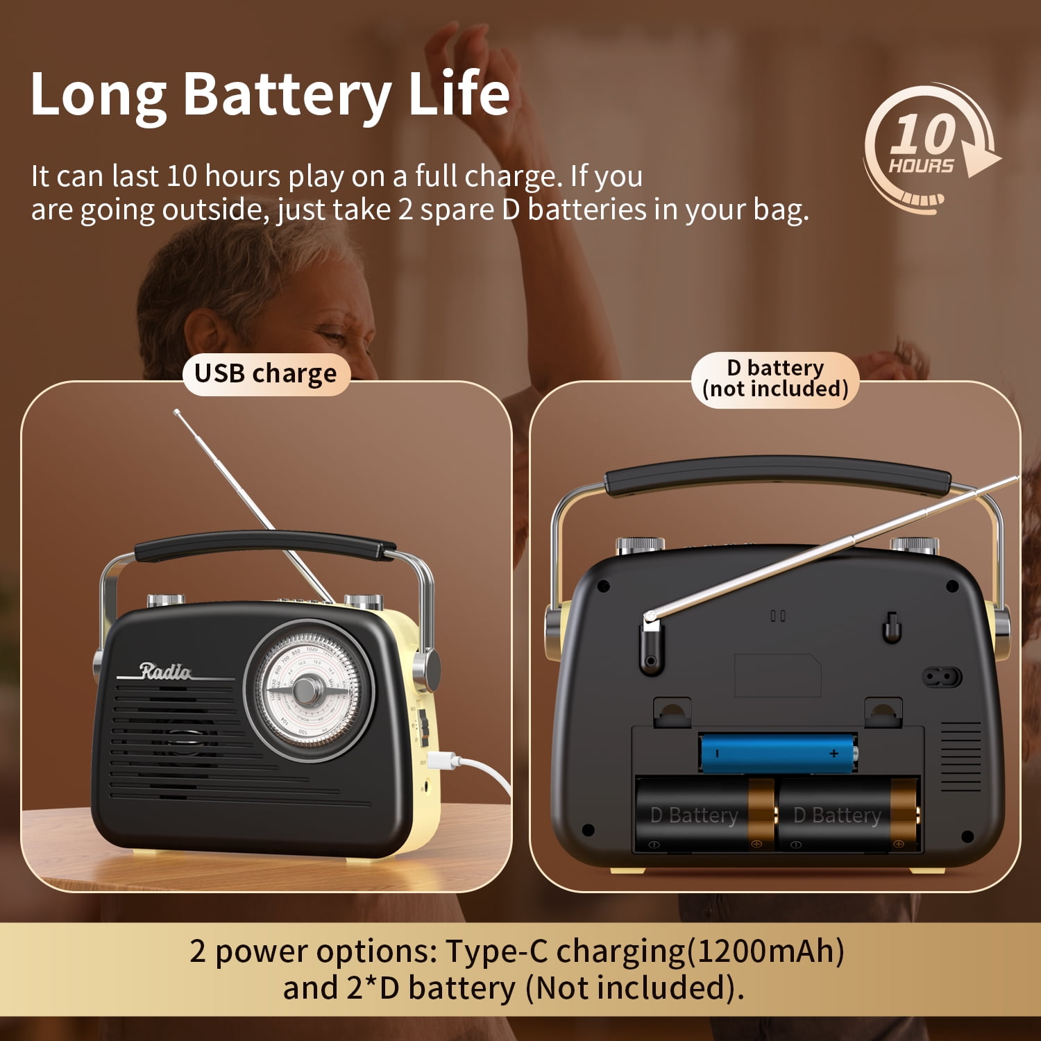 UMUTOO Portable Radio AM FM SW, Small Vintage Retro Radios with Headphone Jack, Rechargeable Battery Bluetooth Speaker, for Home, Outdoor, Gifts, Elderly
