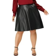 MODA NOVA Junior's Plus Size PU Elastic Waist A-Line Flared Party Skirt Black 2X