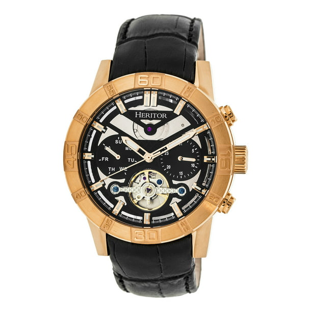 Heritor Automatic Hannibal Semi-Skeleton Leather-Band Watch - Rose  Gold/Black