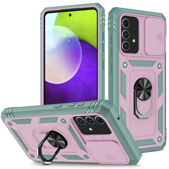 Samsung Galaxy A52 5G Case, PC TPU Shockproof Military Grade Drop Proof Dustproof Ring Holder Kickstand Hybrid Slide Camera Cover with Card Holder Case Samsung A52 Phone, Pink Green