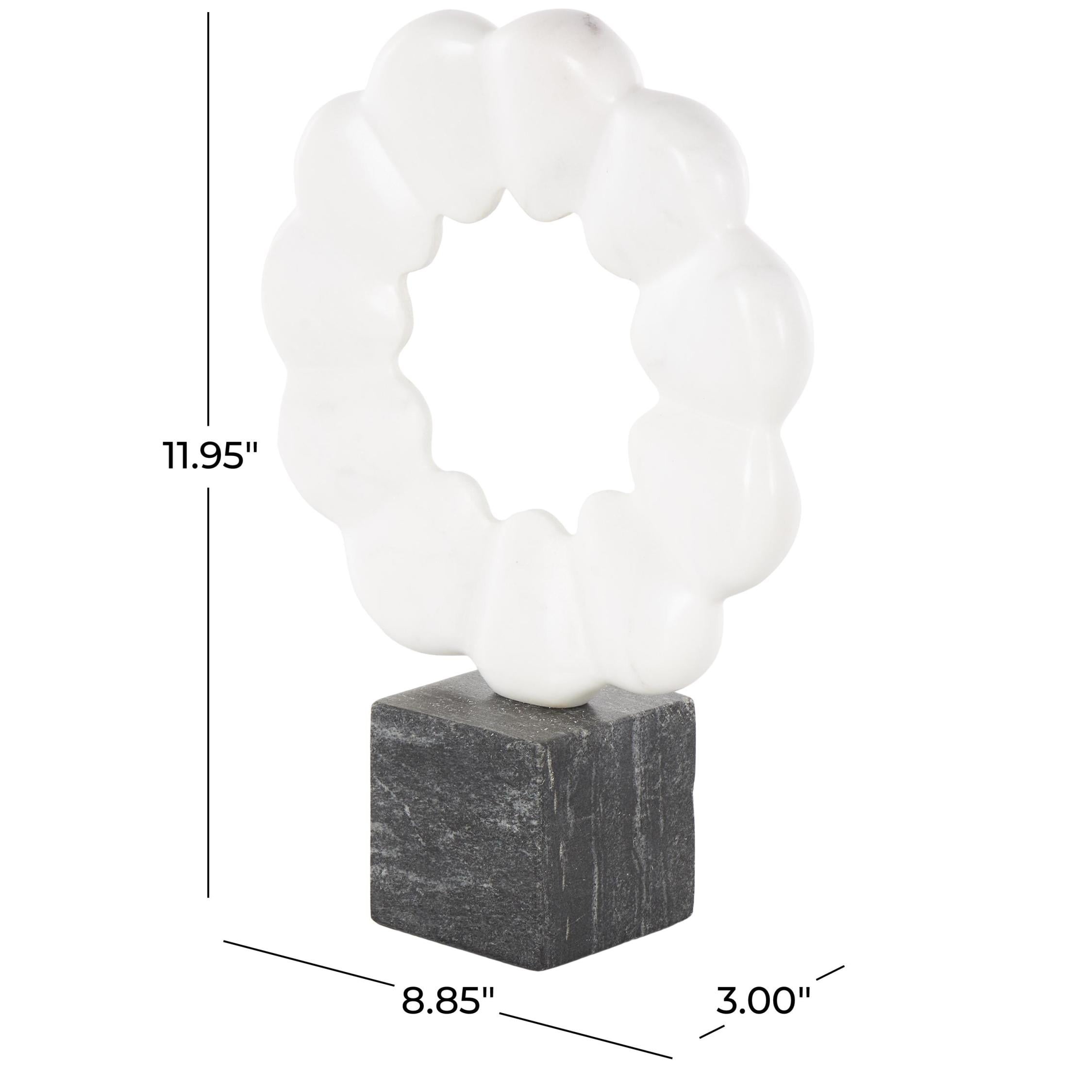 9" x 12" White Marble Floral Inspired Ring Geometric Sculpture with Black Block Base, by DecMode