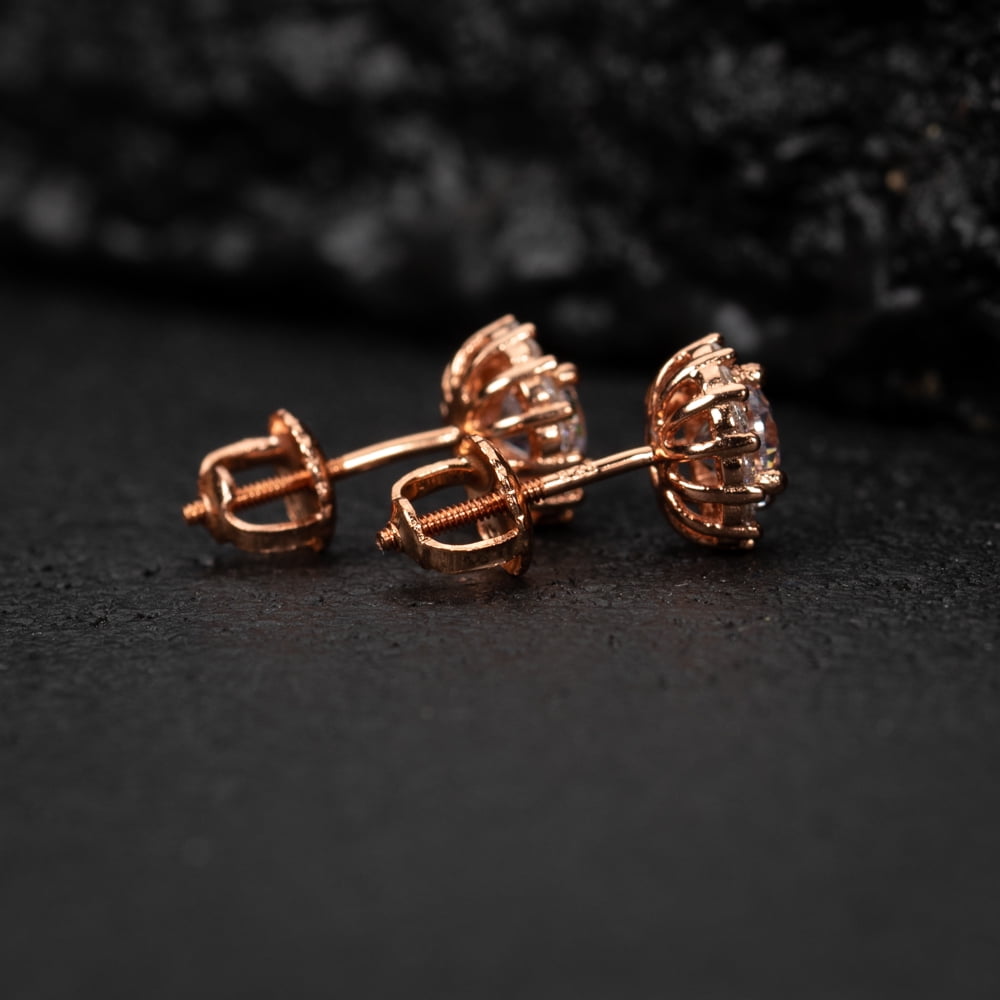 Men's Women's Round Cut CZ Rose Gold 925 Sterling Silver Small Halo Screw Back Stud Earrings