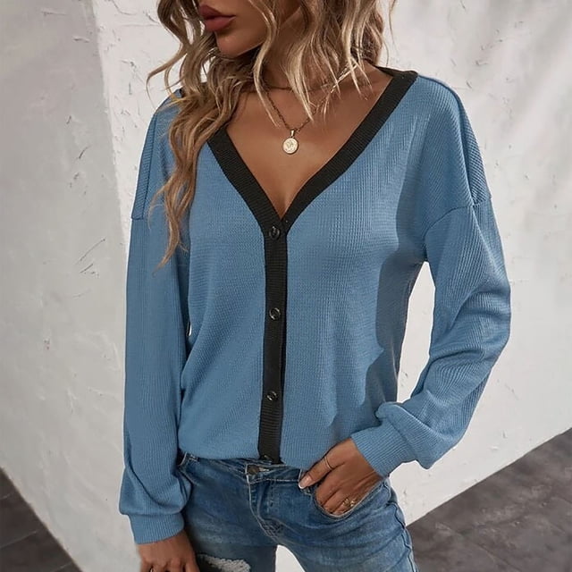 LOVZFMLL Cardigan pour Femmes Mode Décontractée Assorti de Couleurs Bouton Manches Longues Cardigan Haut Blouse