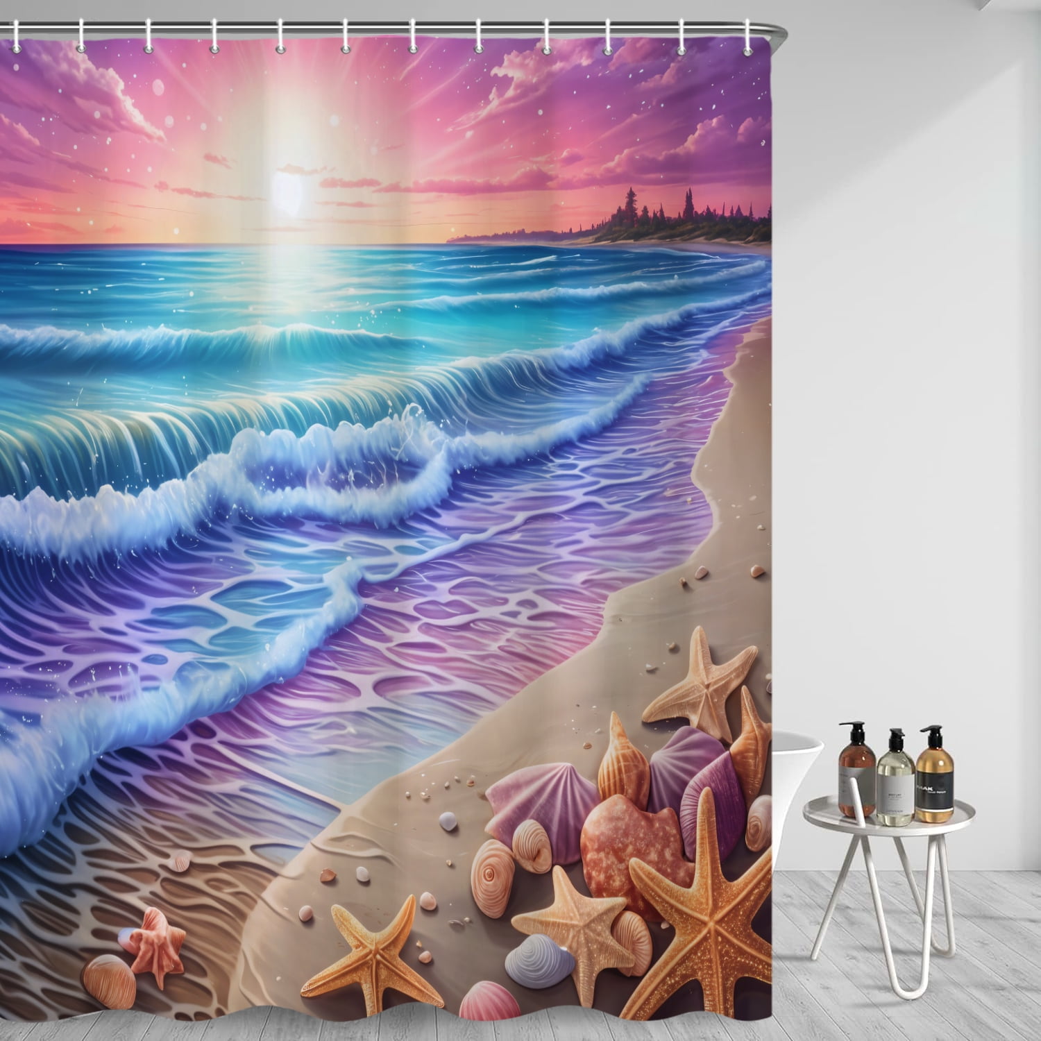 SUNOLIFE Ocean Beach Shower Curtain,Sunset Shell Fabric Bathroom Curtain with Hooks,72x72 in