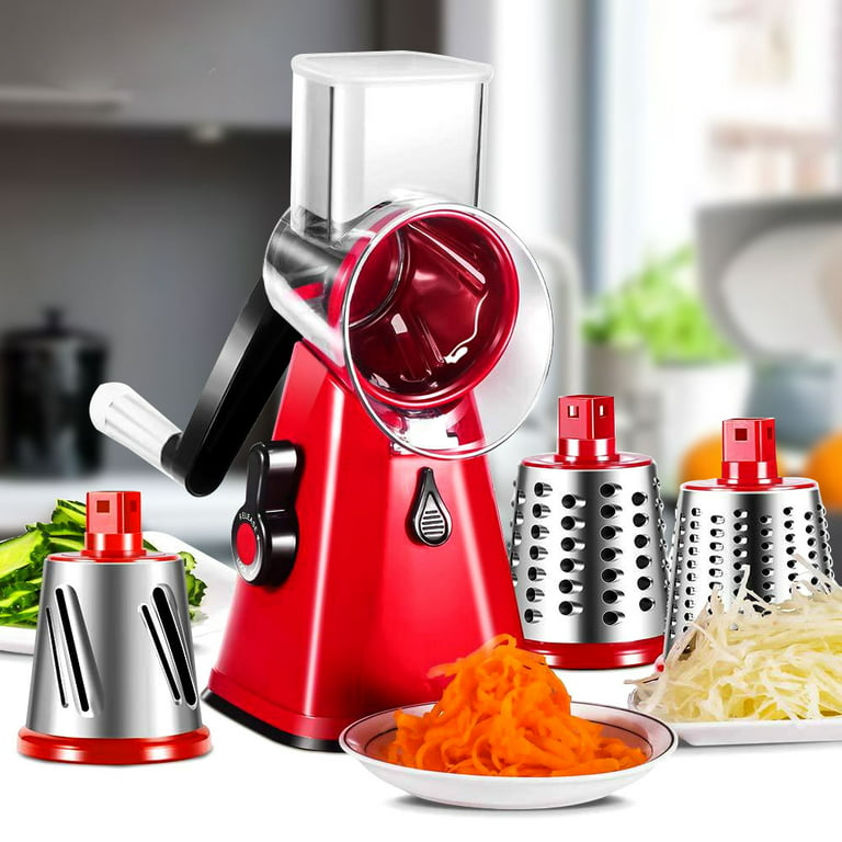 Manual Rotary Cheese Grater Large,Stainless Steel Drum Vegetable Slicer for  Kitchen with 3 Interchangeable Food Shredder for Vegatables, Nuts,  Chocolate, Easy to Clean 