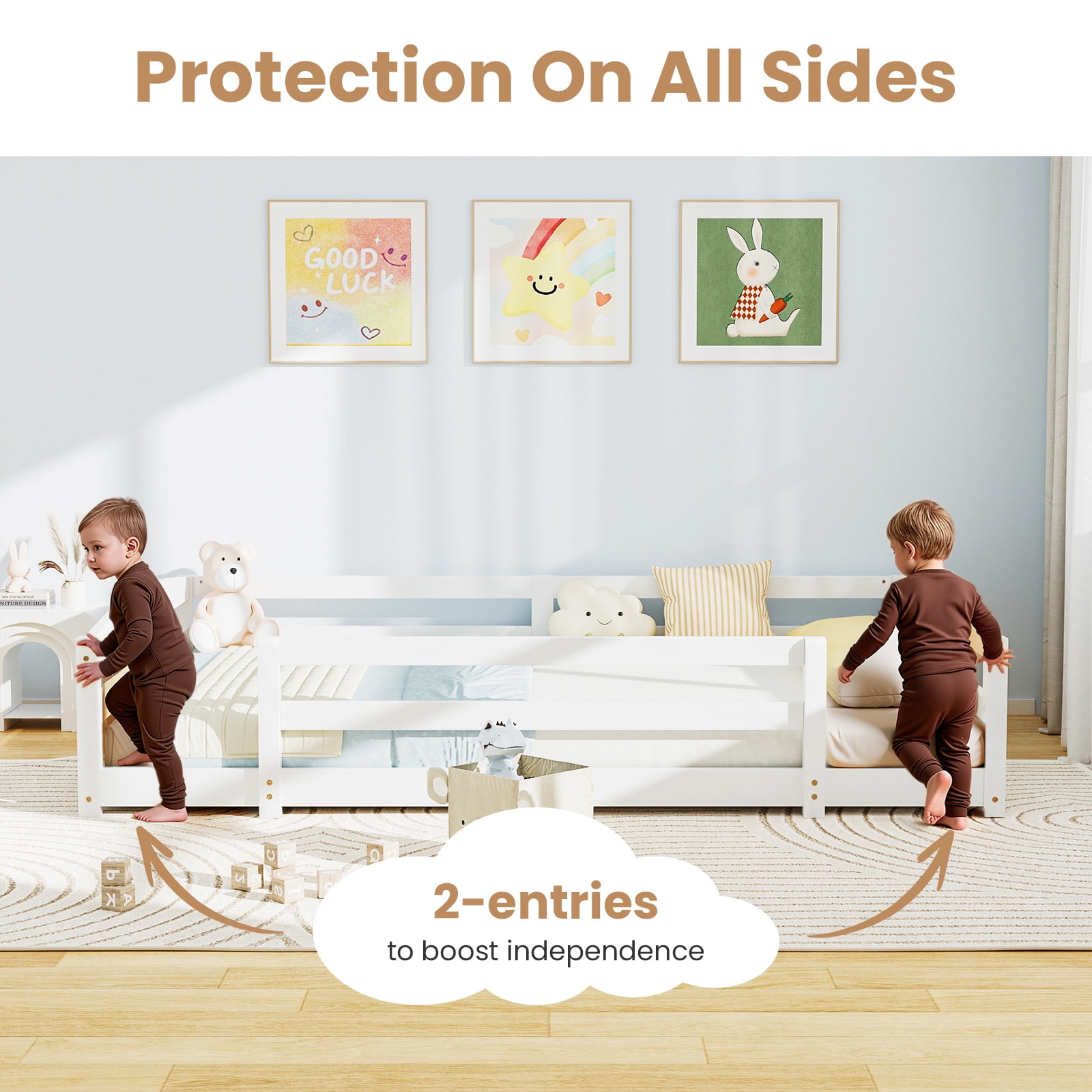 Slsy Full Size Toddler Floor Bed, Solid Wood Montessori Bed Frame with Fence & Door Montessori Floor Bed Crib with Safety Guardrails for Girls and Boys