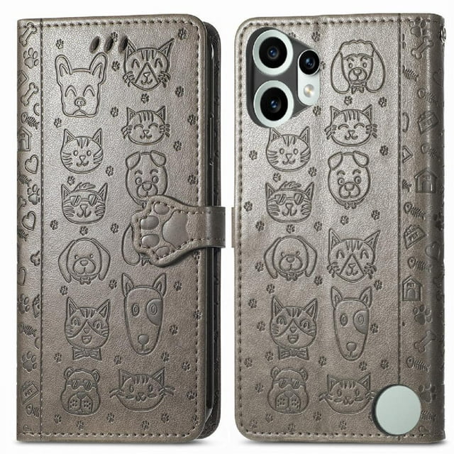 Étui à Rabat pour FOXDOCK Nothing CMF Phone 2 Pro, Étui à Rabat en Cuir PU Gaufré Chat et Chien avec Fentes pour Cartes, Support