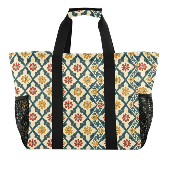 Flowers in Square Reusable Grocery Bags with Handle Side Pocket Waterproof Shopping Portable Tote