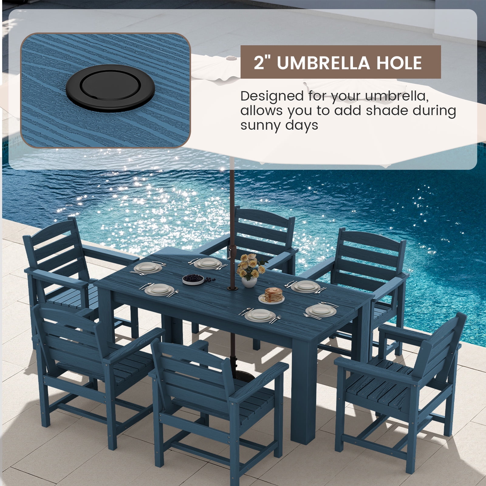 SERWALL 5-Piece Patio Dining Set, 59" Outdoor Dining Table and 4 Chairs with Umbrella Hole for Garden, Deck, Poolside, Blue