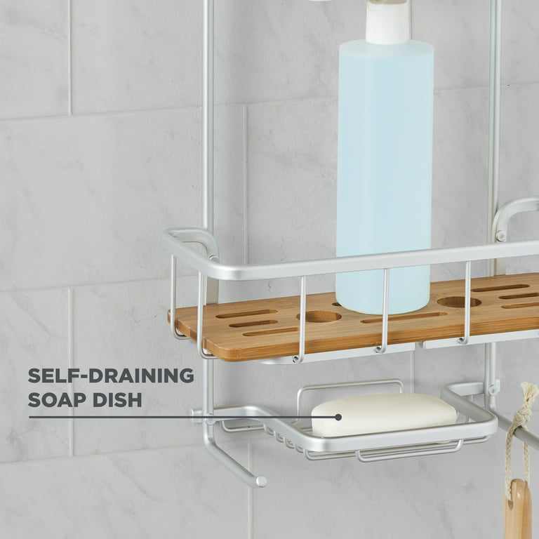 Better Homes & Gardens Rust Proof Aluminum Shower Caddy with Bamboo Shelves, Satin Chrome, Size: Fits Any Standard Showerhead