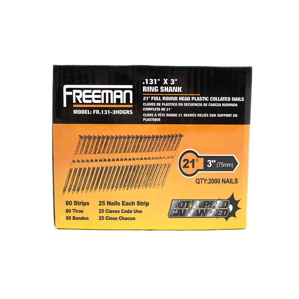 Freeman 21 Degree 131 x 3 inch Hot Dipped Galvanized Ring Shank Framing Nails | Walmart Canada Freeman 21 Degree 131 x 3 inch Hot Dipped Galvanized Ring Shank Framing Nails | Walmart Canada