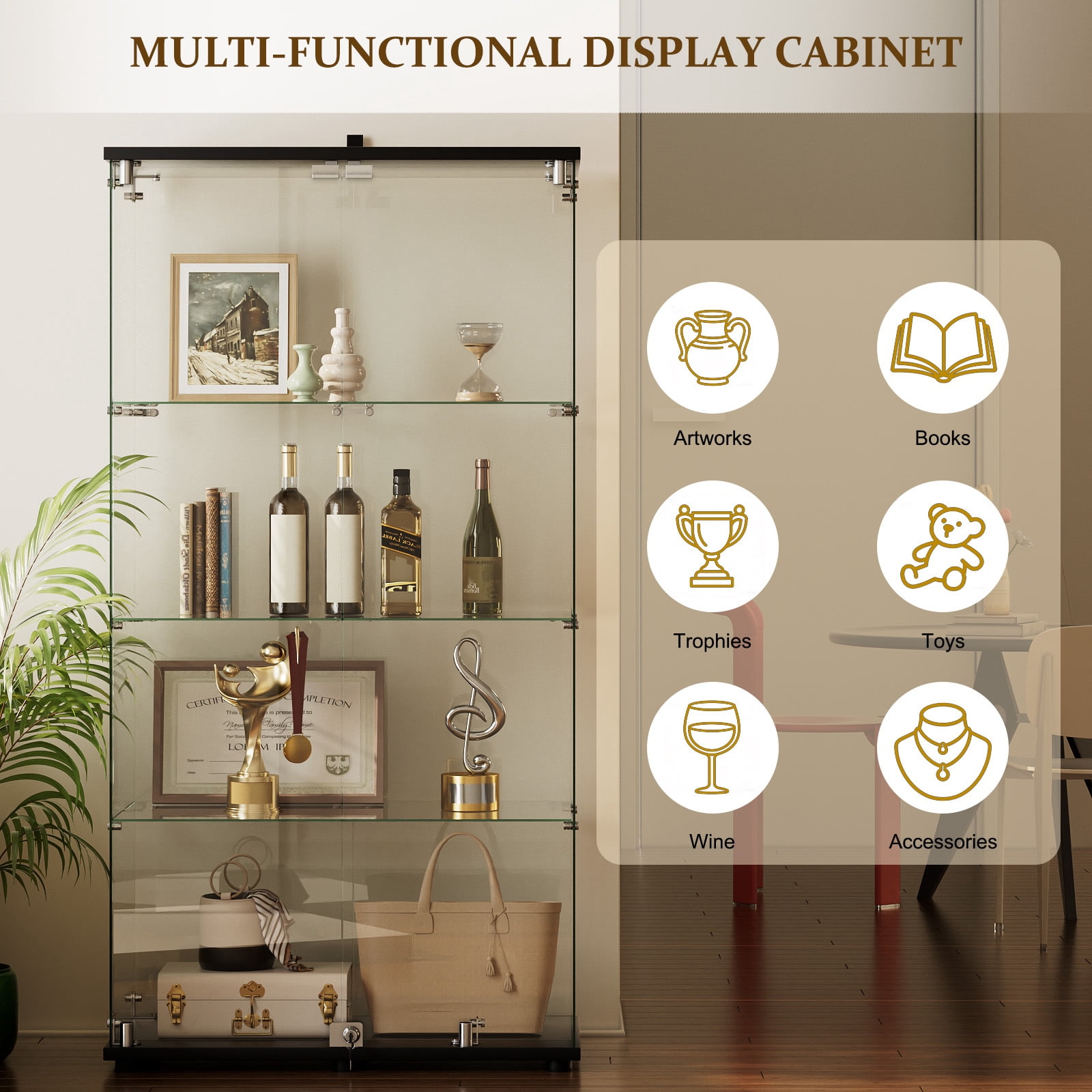 Easy4Home 4-Shelf Glass Display Cabinet with Lock, 64"H Freestanding Curio Display Showcase for Collectibles with Double Glass Door, Black